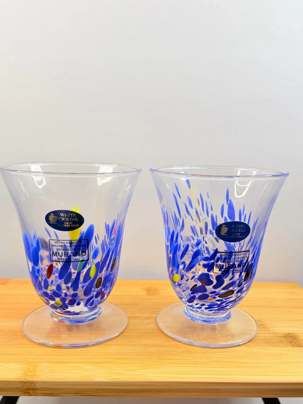 Set of 4 Murano White Cristal Hand Made In Italy Footed Glass Tumblers 4.75